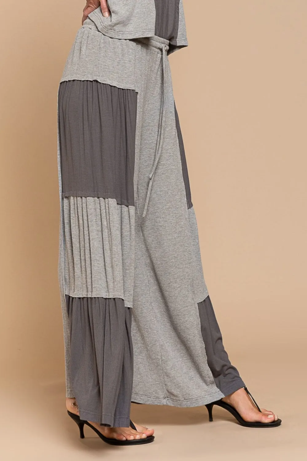 Ribbed Contrast Wide Leg Pants- POL