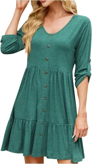 Roll Up 3/4 Length Sleeve Womens Summer Dresses Casual Button Decor V Neck Flowy Ruffle Tiered A Line Swing Mini Dress