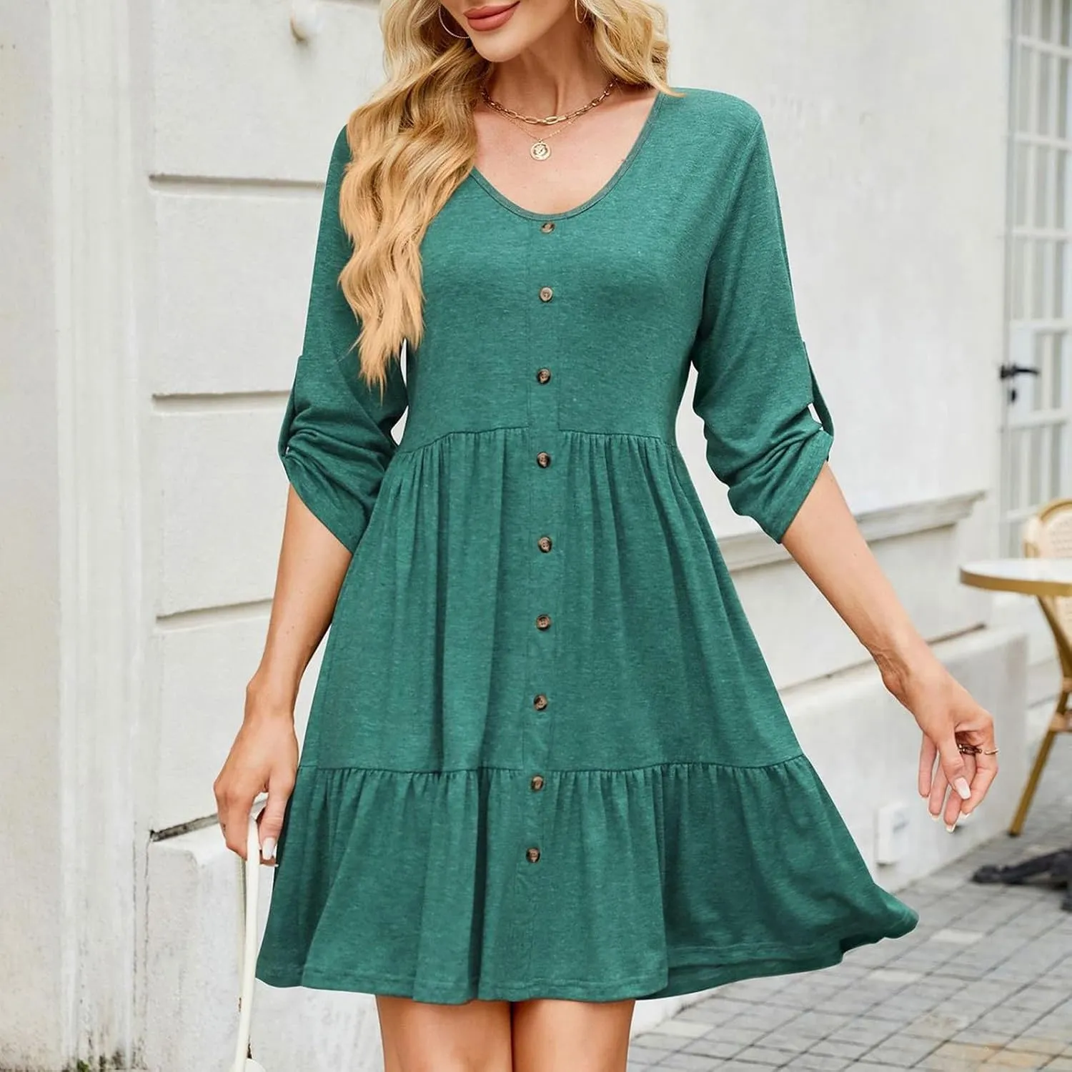 Roll Up 3/4 Length Sleeve Womens Summer Dresses Casual Button Decor V Neck Flowy Ruffle Tiered A Line Swing Mini Dress