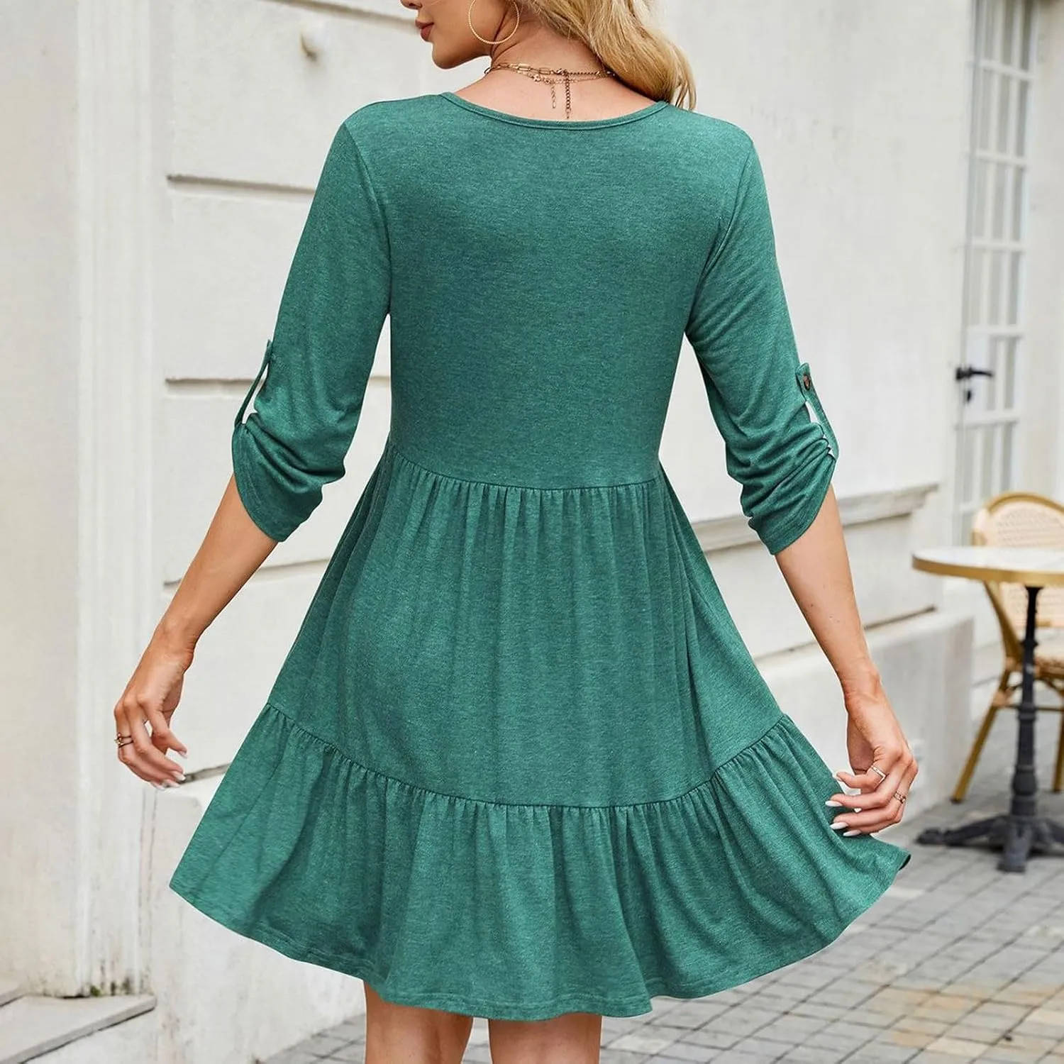 Roll Up 3/4 Length Sleeve Womens Summer Dresses Casual Button Decor V Neck Flowy Ruffle Tiered A Line Swing Mini Dress