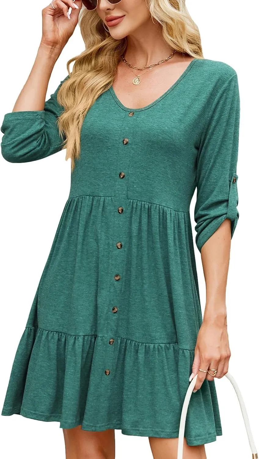 Roll Up 3/4 Length Sleeve Womens Summer Dresses Casual Button Decor V Neck Flowy Ruffle Tiered A Line Swing Mini Dress