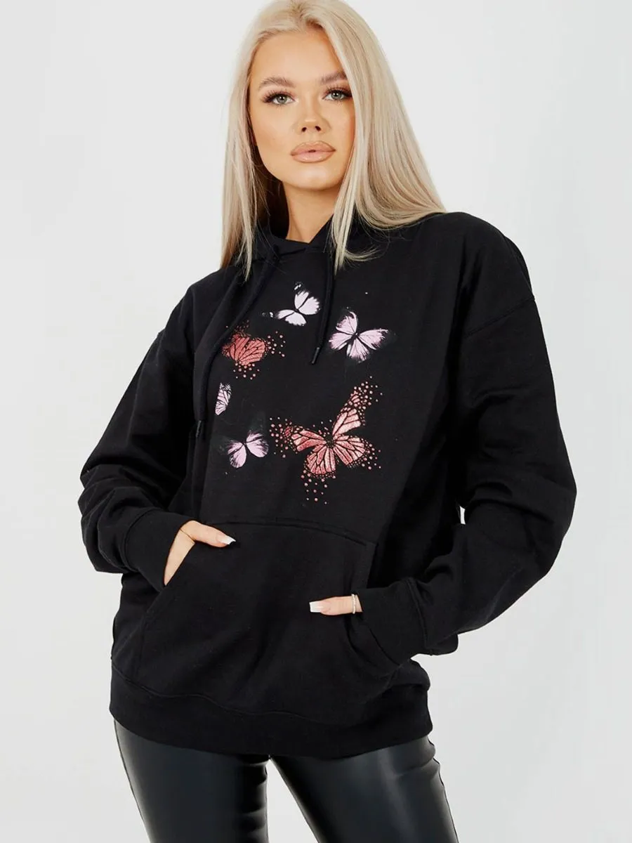Rose Butterfly Graphic Print Fleeced Hoodie In Black