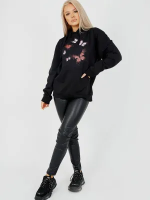 Rose Butterfly Graphic Print Fleeced Hoodie In Black