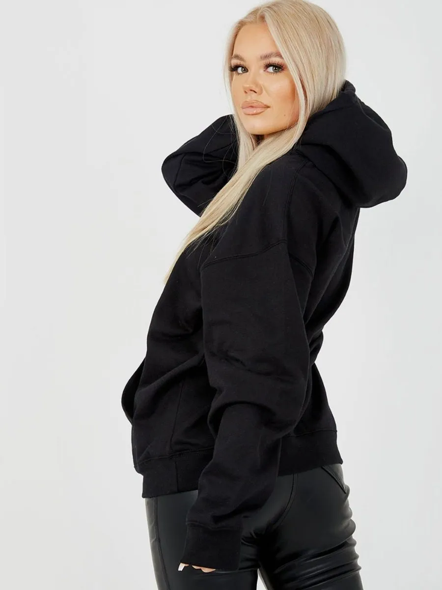 Rose Butterfly Graphic Print Fleeced Hoodie In Black