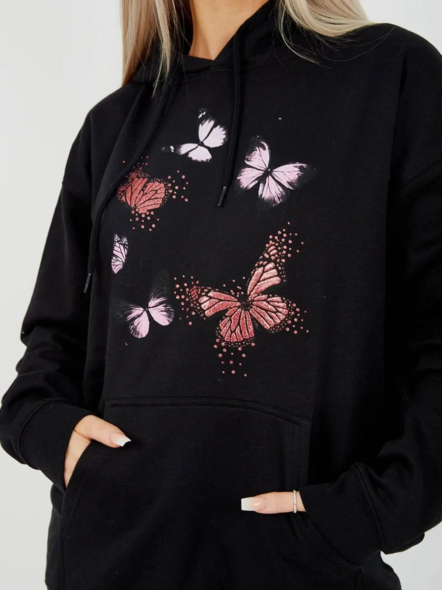 Rose Butterfly Graphic Print Fleeced Hoodie In Black