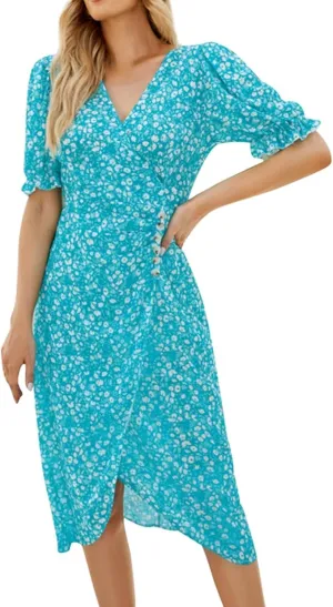 RTPR Beach Wrap Chiffon V Neck Flower Print Short Sleeve, Floral Polka Dot Button Bubble Sleeve Irregular Hem Dress