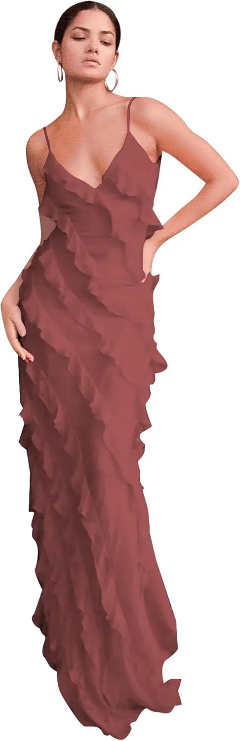 Ruffle Chiffon Prom Dresses Spaghetti Strap V Neck Evening Dresses Split Maxi Cocktail Party Dress
