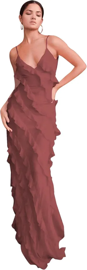 Ruffle Chiffon Prom Dresses Spaghetti Strap V Neck Evening Dresses Split Maxi Cocktail Party Dress