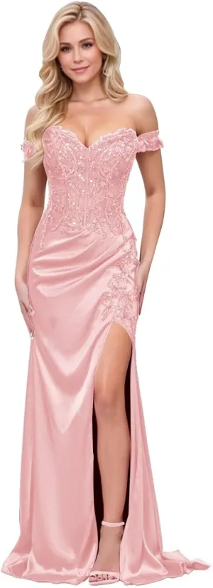 Satin Mermaid Prom Dresses for Women Long Off Shoulder Lace Applique Formal Evening Party Gown with Slit