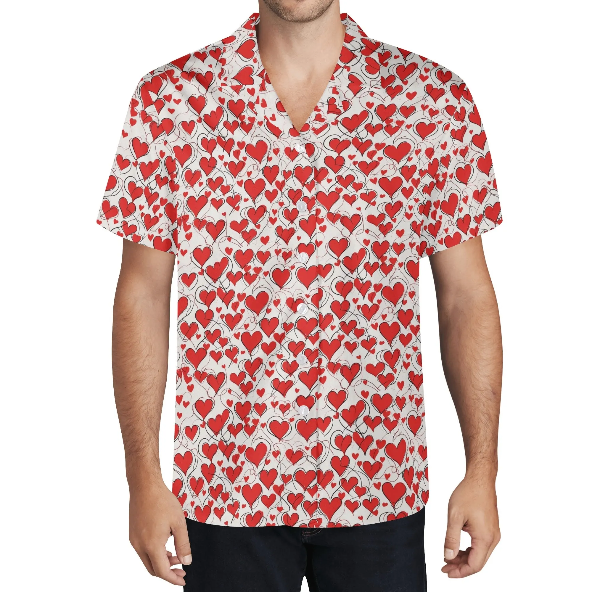 Scribble Hearts Mens Casual Hawaiian Shirt