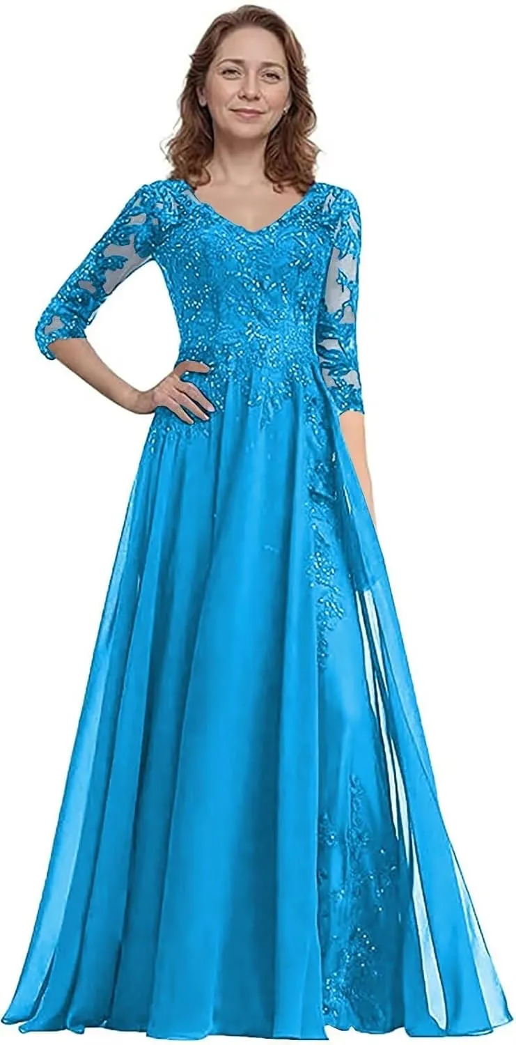 Sequin Lace Applique Mother of The Bride Dresses for Wedding Chiffon 3/4 Sleeve V Neck Long Evening Gowns for Women