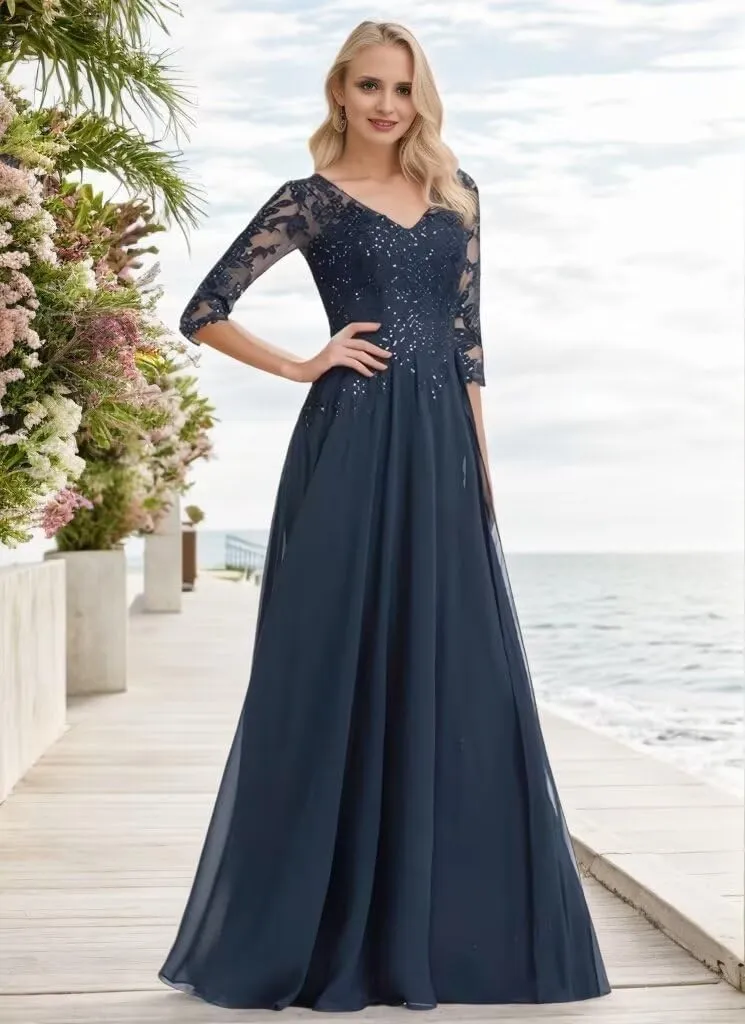 Sequin Lace Applique Mother of The Bride Dresses for Wedding Chiffon 3/4 Sleeve V Neck Long Evening Gowns for Women