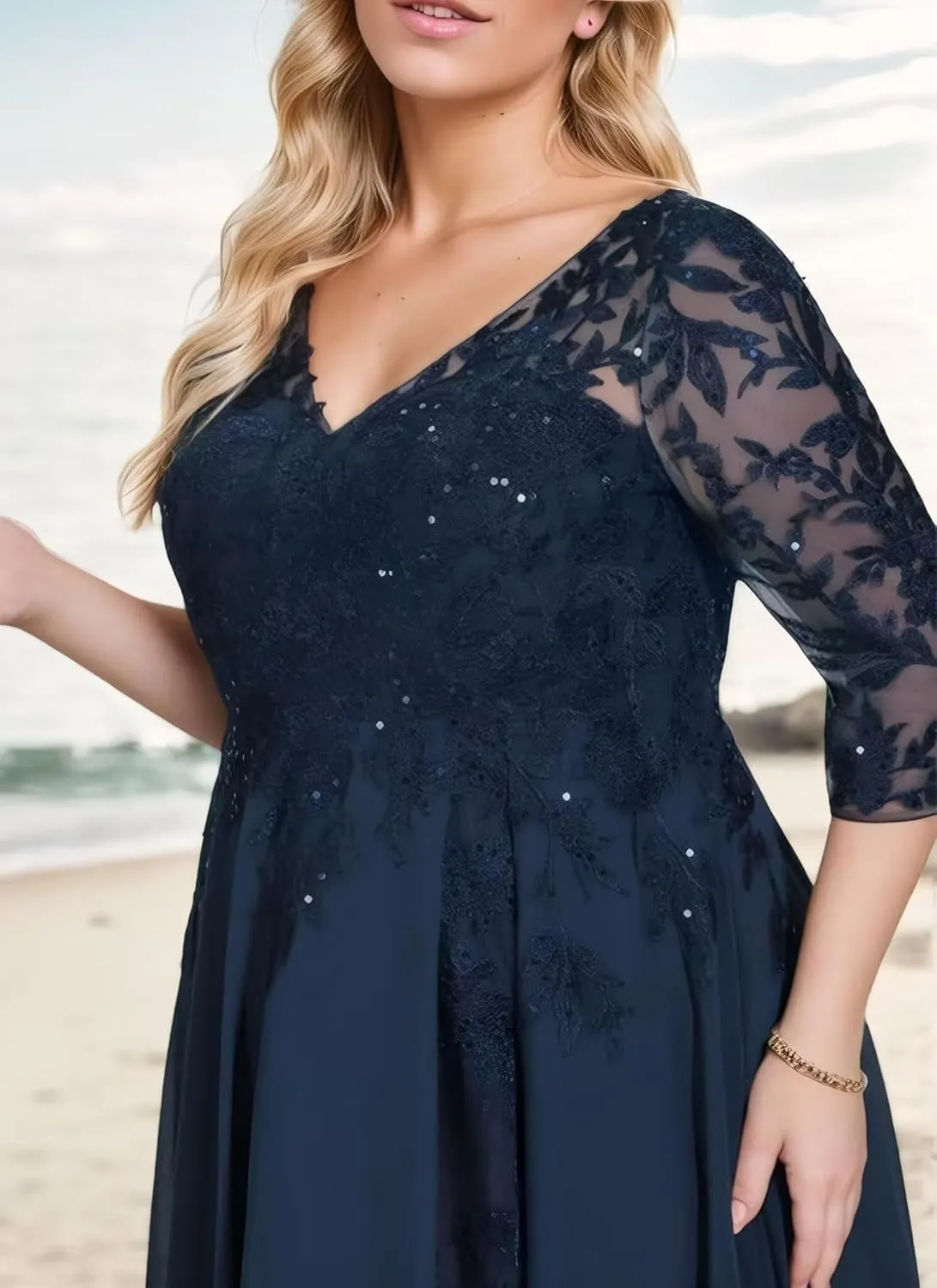 Sequin Lace Applique Mother of The Bride Dresses for Wedding Chiffon 3/4 Sleeve V Neck Long Evening Gowns for Women