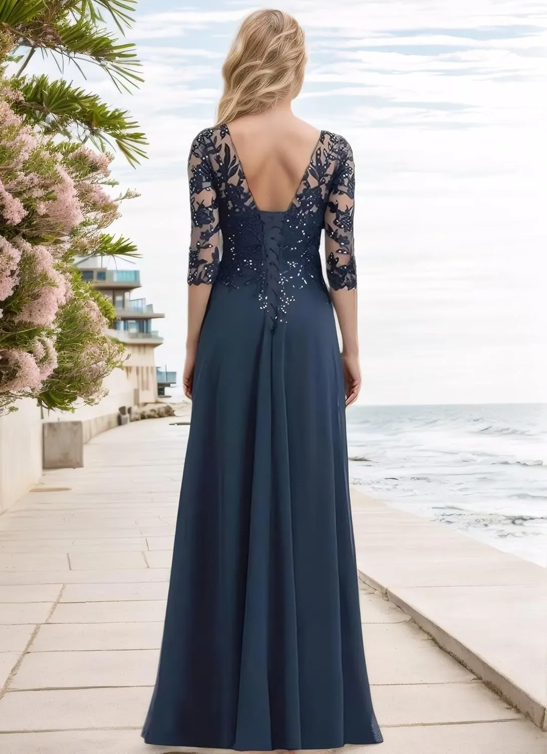 Sequin Lace Applique Mother of The Bride Dresses for Wedding Chiffon 3/4 Sleeve V Neck Long Evening Gowns for Women