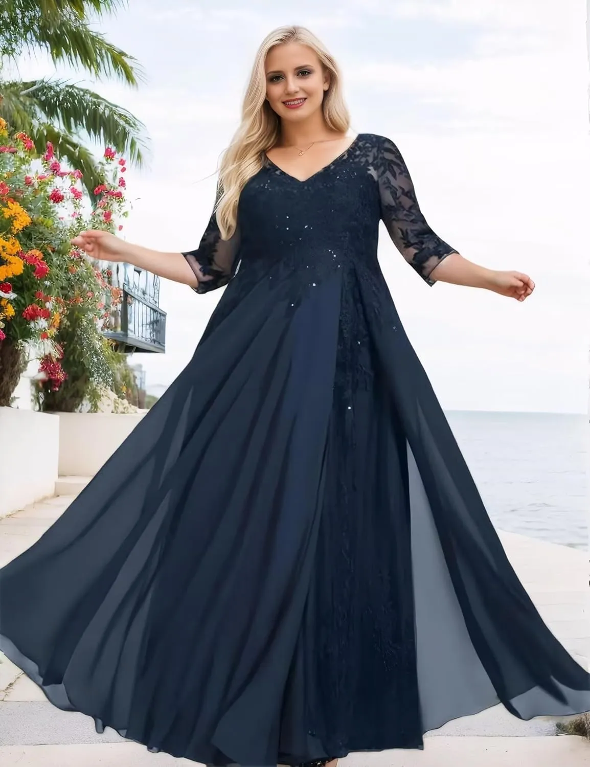 Sequin Lace Applique Mother of The Bride Dresses for Wedding Chiffon 3/4 Sleeve V Neck Long Evening Gowns for Women
