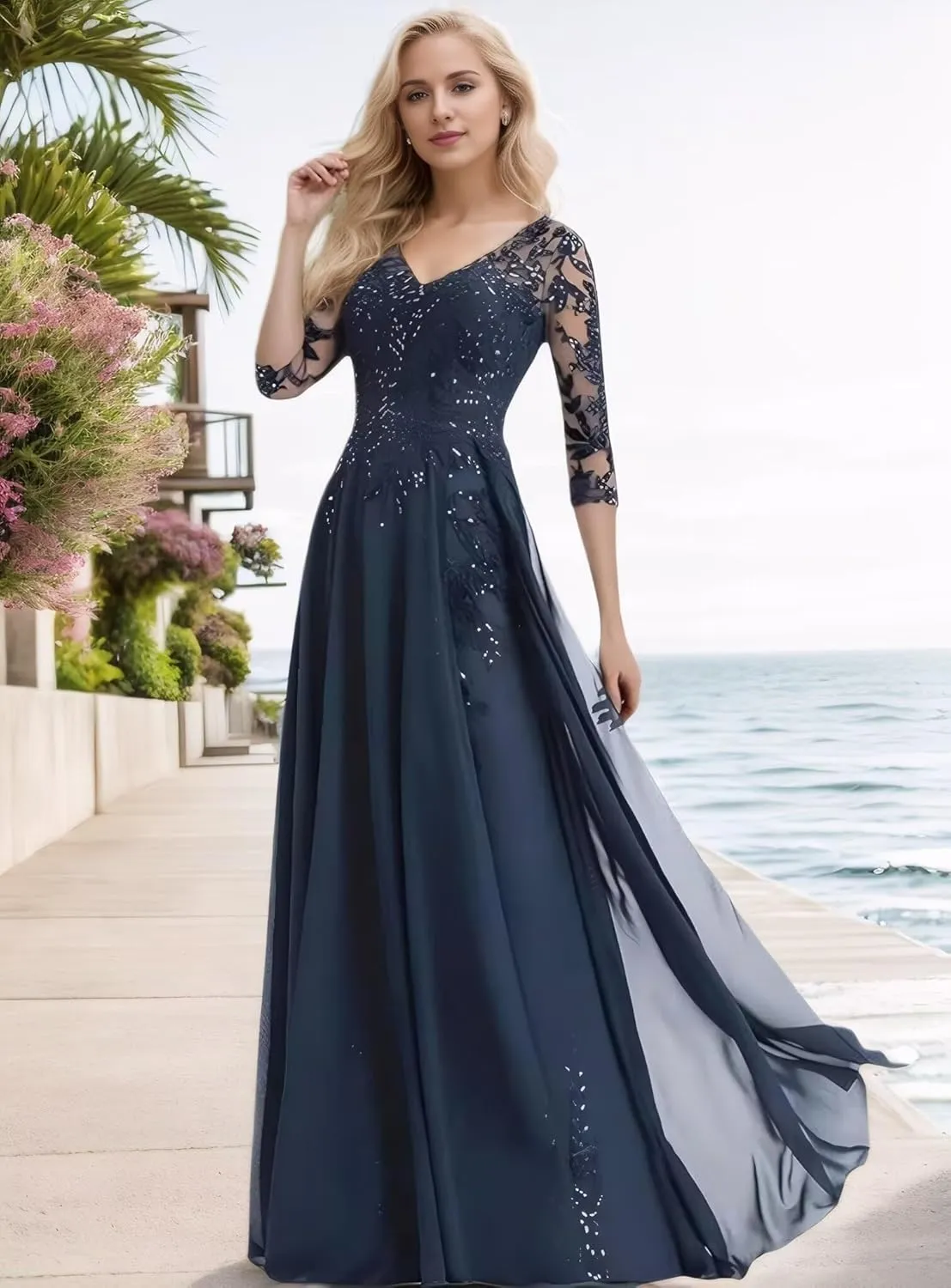 Sequin Lace Applique Mother of The Bride Dresses for Wedding Chiffon 3/4 Sleeve V Neck Long Evening Gowns for Women