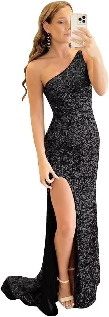 Sequin Prom Dresses Long Mermaid One Shoulder Formal Gowns Backless Evening Party Gowns with Slit