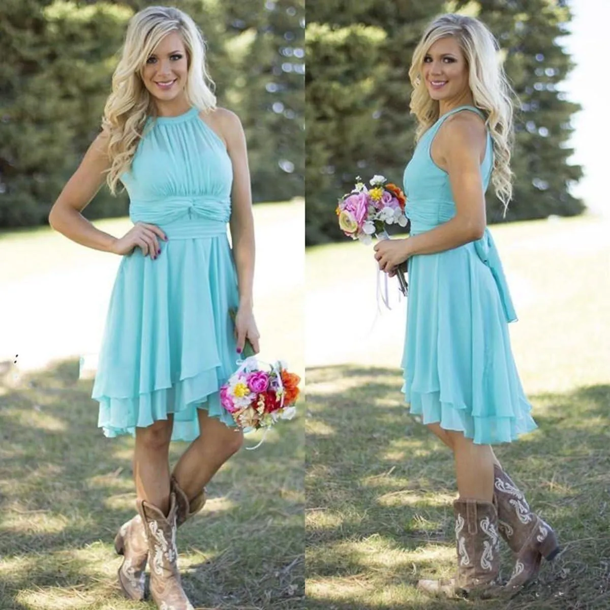 Short Bridesmaid Dresses 2024 Western Wedding Guest Dresses A Line Halter Ruffle Pleated Summer Formal Party Dress