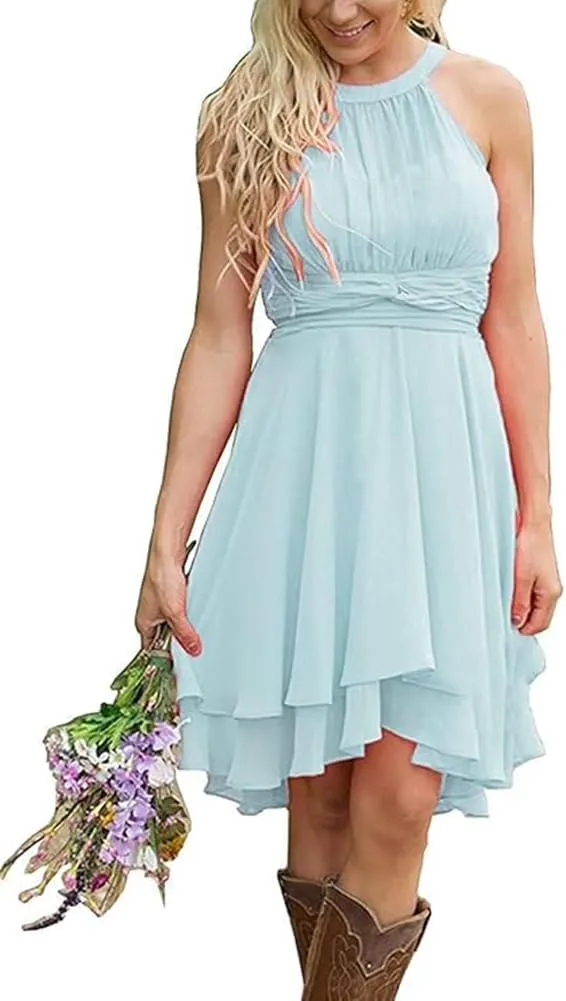 Short Bridesmaid Dresses 2024 Western Wedding Guest Dresses A Line Halter Ruffle Pleated Summer Formal Party Dress