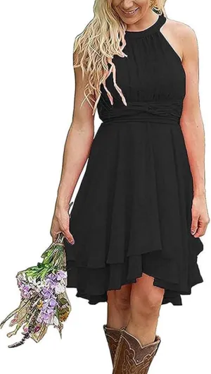 Short Bridesmaid Dresses 2024 Western Wedding Guest Dresses A Line Halter Ruffle Pleated Summer Formal Party Dress
