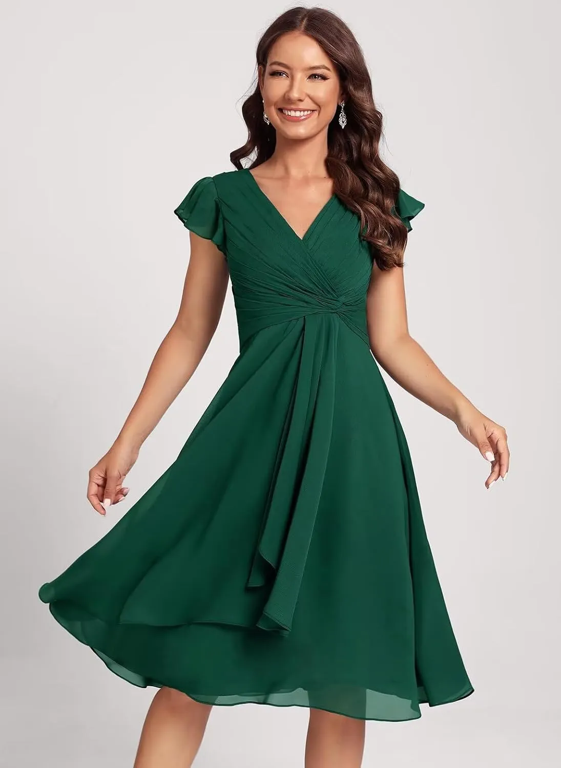 Short Chiffon Bridesmaid Dresses for Women V Neck Flutter Sleeves Ruffle Formal Prom Dress with Pockets IMC006