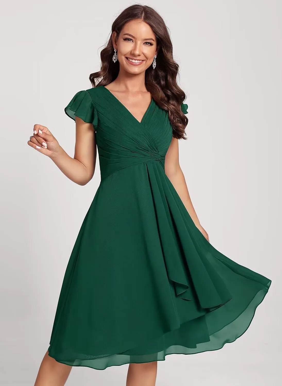 Short Chiffon Bridesmaid Dresses for Women V Neck Flutter Sleeves Ruffle Formal Prom Dress with Pockets IMC006