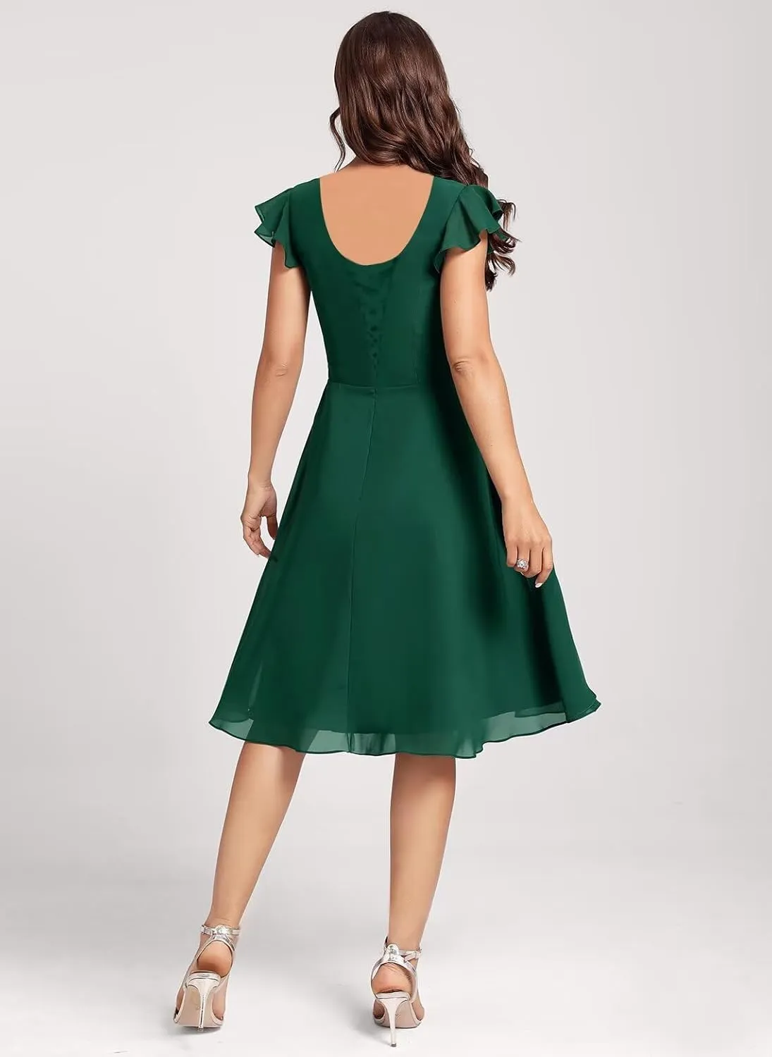 Short Chiffon Bridesmaid Dresses for Women V Neck Flutter Sleeves Ruffle Formal Prom Dress with Pockets IMC006