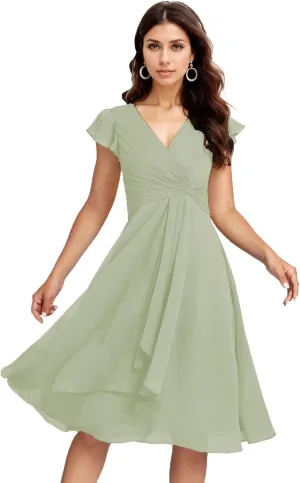 Short Chiffon Bridesmaid Dresses for Women V Neck Flutter Sleeves Ruffle Formal Prom Dress with Pockets IMC006