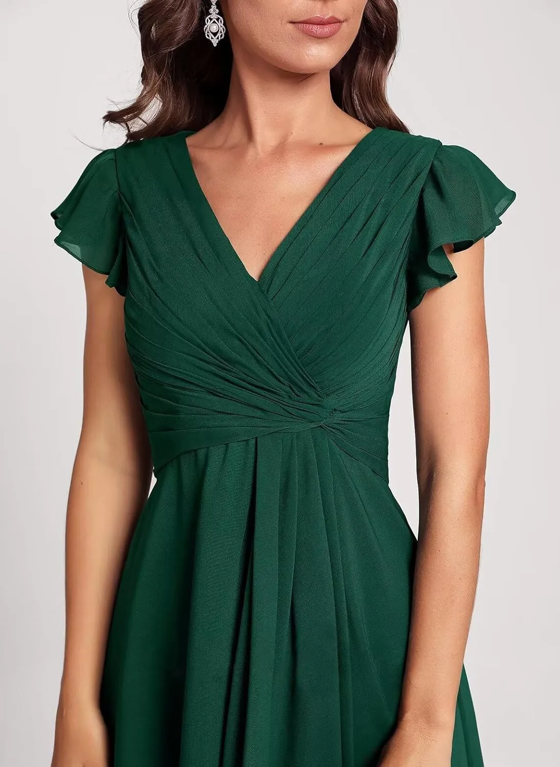 Short Chiffon Bridesmaid Dresses for Women V Neck Flutter Sleeves Ruffle Formal Prom Dress with Pockets IMC006
