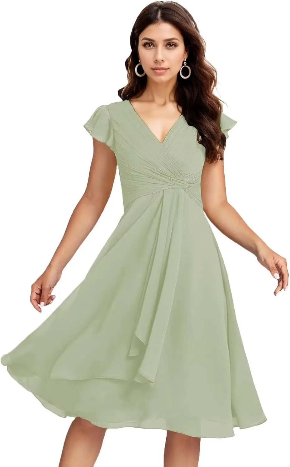 Short Chiffon Bridesmaid Dresses for Women V Neck Flutter Sleeves Ruffle Formal Prom Dress with Pockets IMC006