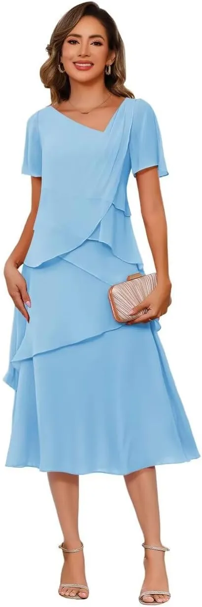 Short Mother of The Bride Dresses for Wedding 2025 Chiffon Flutter Sleeve Formal Evening Gown for Women MA19