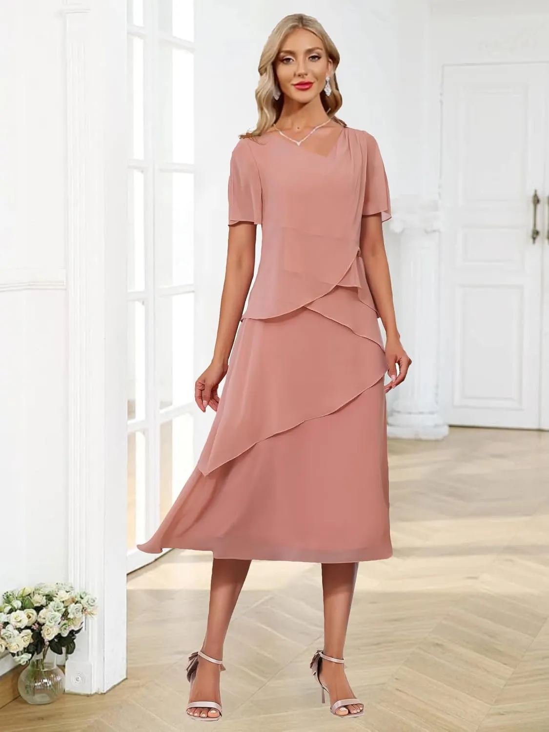 Short Mother of The Bride Dresses for Wedding 2025 Chiffon Flutter Sleeve Formal Evening Gown for Women MA19
