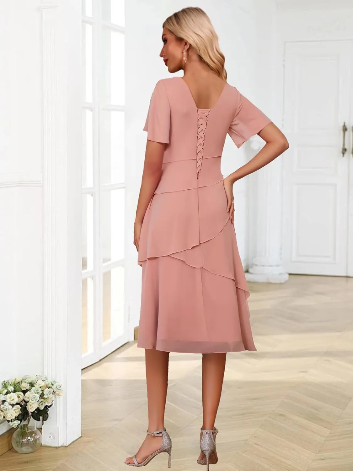 Short Mother of The Bride Dresses for Wedding 2025 Chiffon Flutter Sleeve Formal Evening Gown for Women MA19