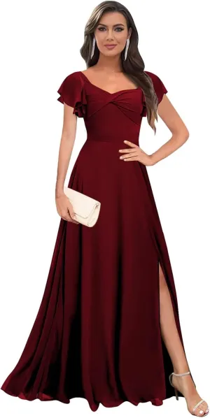 Short Sleeve Bridesmaid Dresses Long V Neck A Line Ruffle Chiffon Evening Formal Gown with Slit