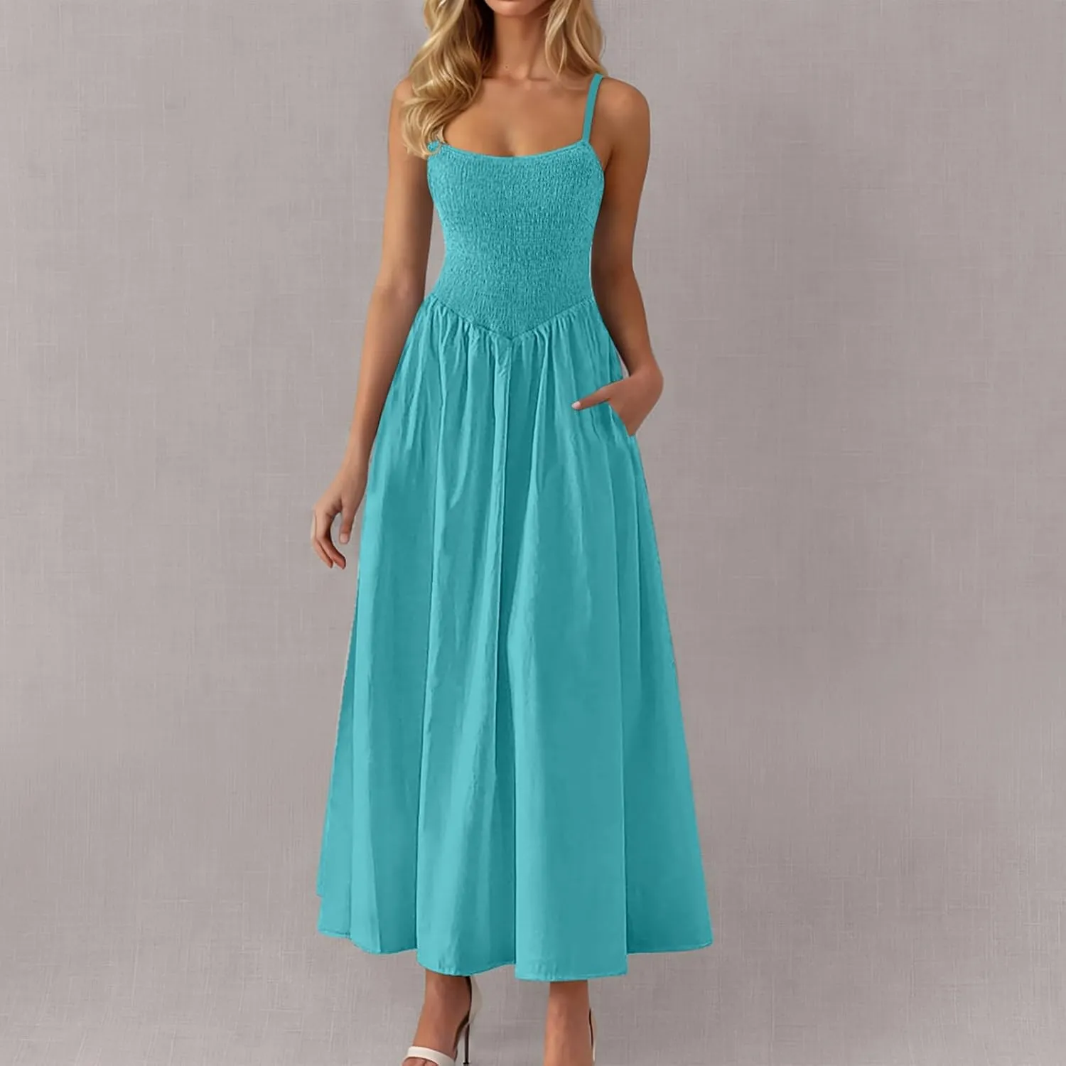 Smocked Maxi Dresses for Women Summer Beach Sundress Casual Spaghetti Strap Flowy A Line Swing Long Dress with Pockets