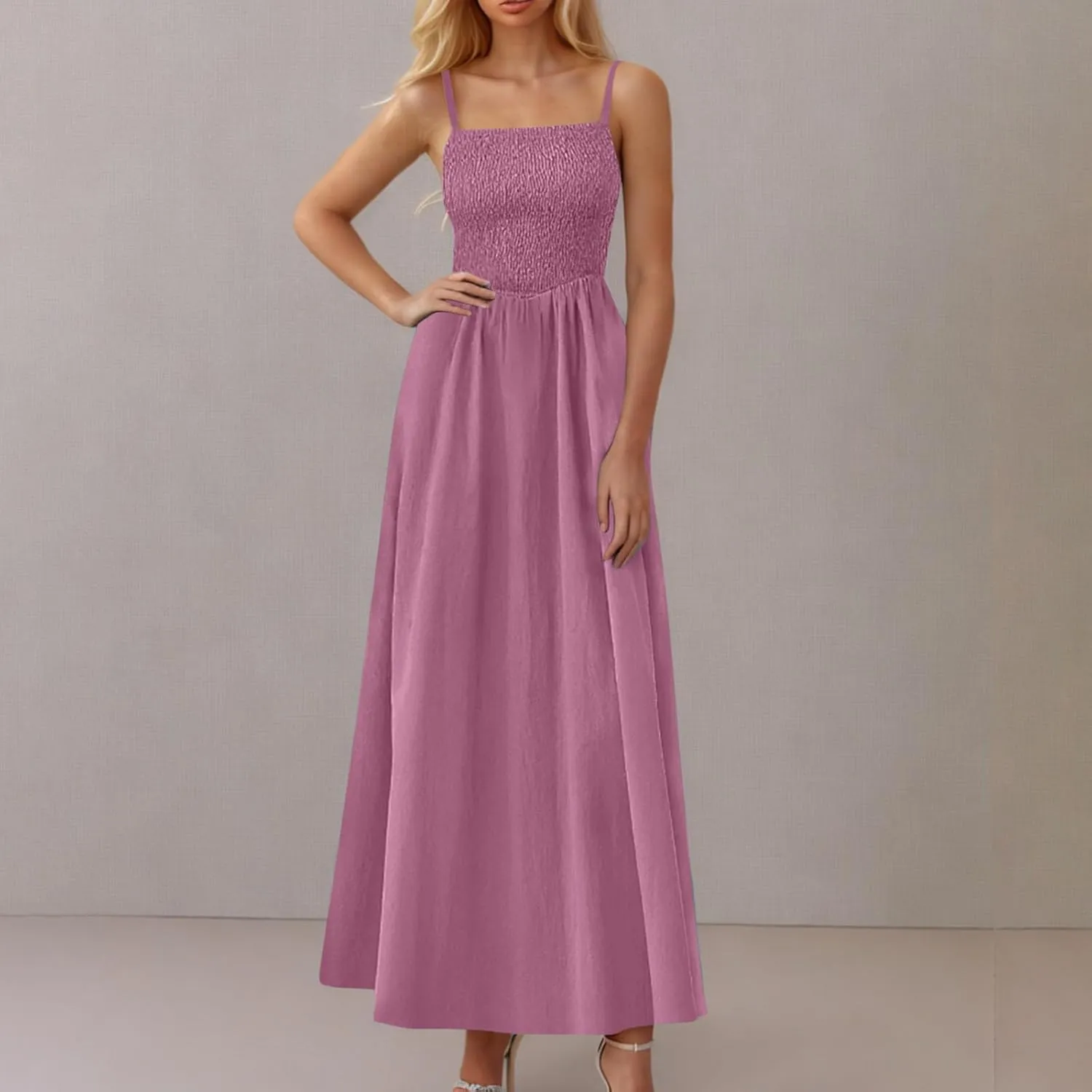 Smocked Maxi Dresses for Women Summer Beach Sundress Casual Spaghetti Strap Flowy A Line Swing Long Dress with Pockets