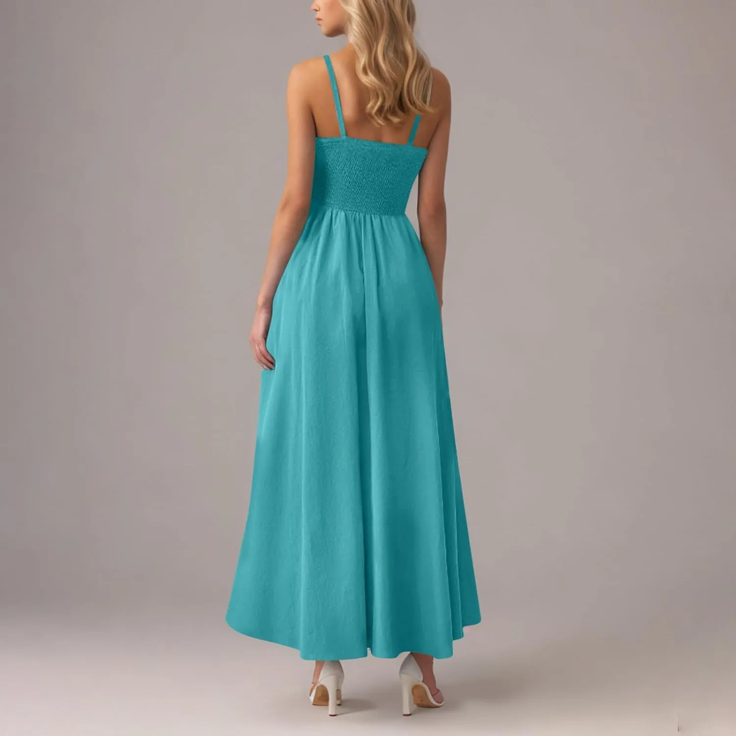 Smocked Maxi Dresses for Women Summer Beach Sundress Casual Spaghetti Strap Flowy A Line Swing Long Dress with Pockets