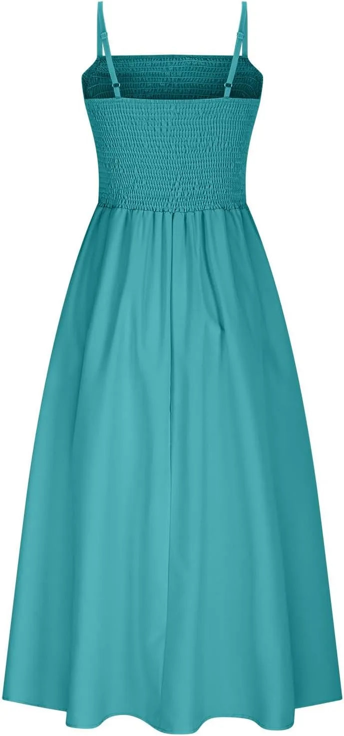Smocked Maxi Dresses for Women Summer Beach Sundress Casual Spaghetti Strap Flowy A Line Swing Long Dress with Pockets