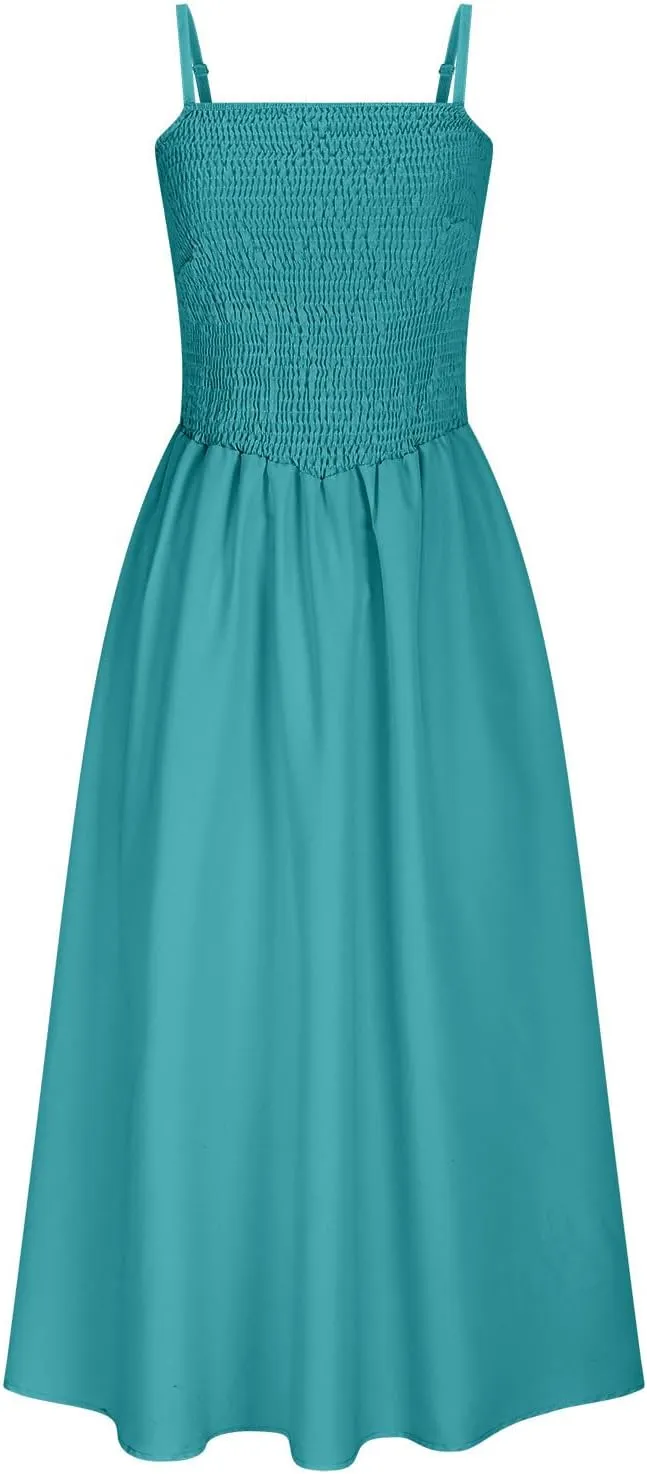 Smocked Maxi Dresses for Women Summer Beach Sundress Casual Spaghetti Strap Flowy A Line Swing Long Dress with Pockets