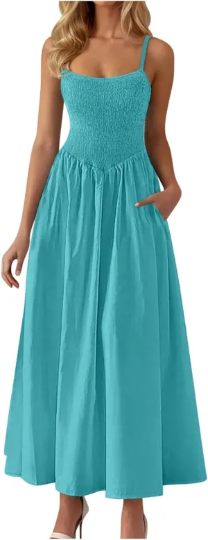 Smocked Maxi Dresses for Women Summer Beach Sundress Casual Spaghetti Strap Flowy A Line Swing Long Dress with Pockets