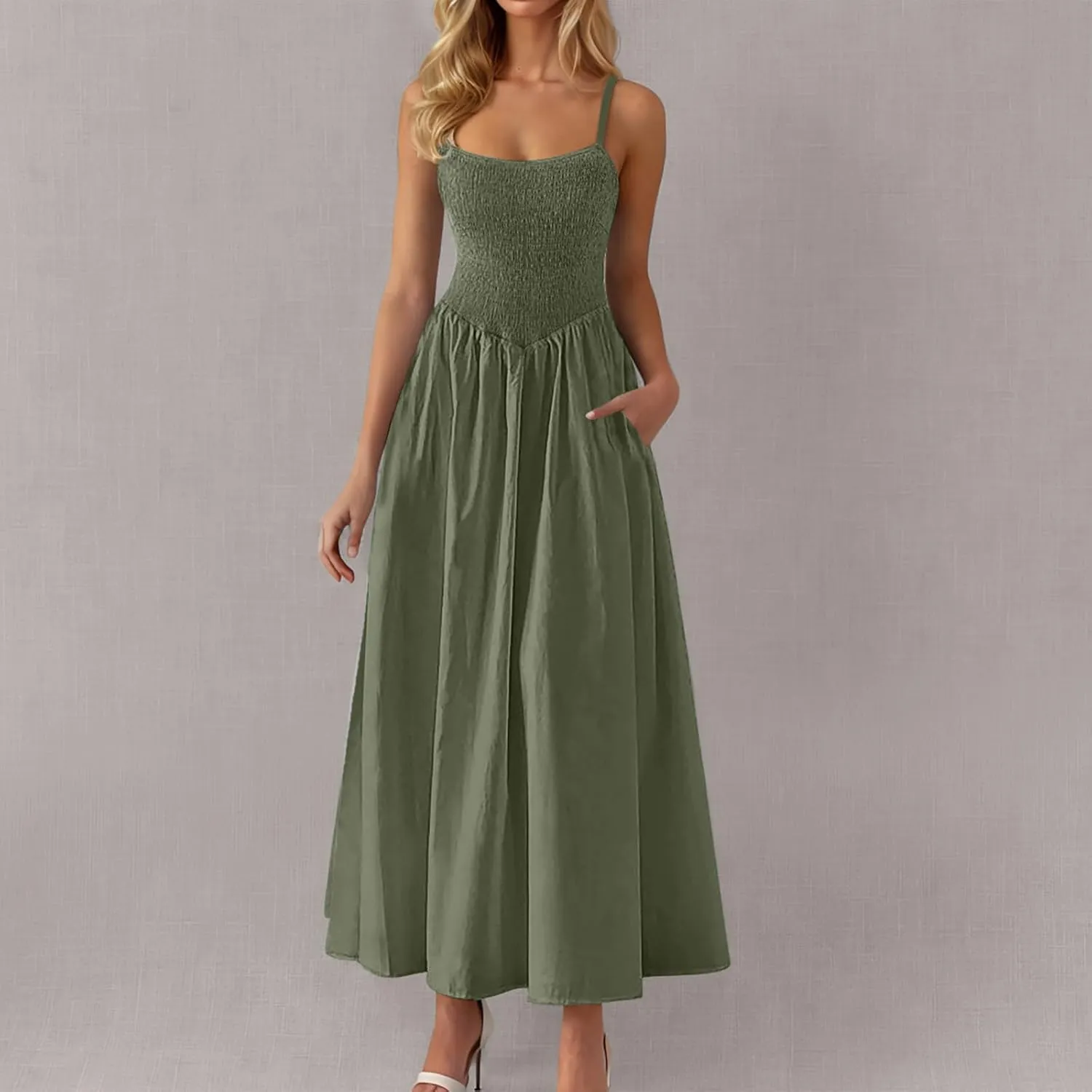 Smocked Maxi Dresses for Women Summer Beach Sundress Casual Spaghetti Strap Flowy A Line Swing Long Dress with Pockets