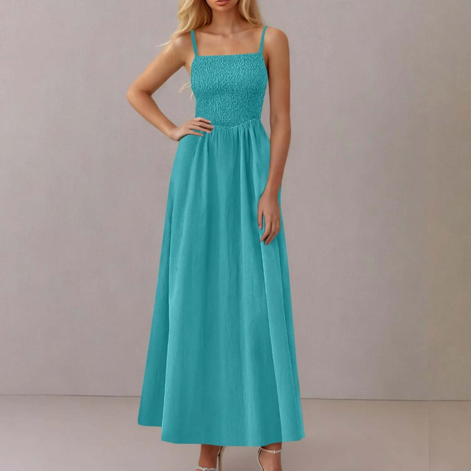 Smocked Maxi Dresses for Women Summer Beach Sundress Casual Spaghetti Strap Flowy A Line Swing Long Dress with Pockets