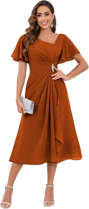 SOLODISH Mother of The Bride Dresses Asymmetric Chiffon Tea Length Mother of The Groom Dresses for Wedding