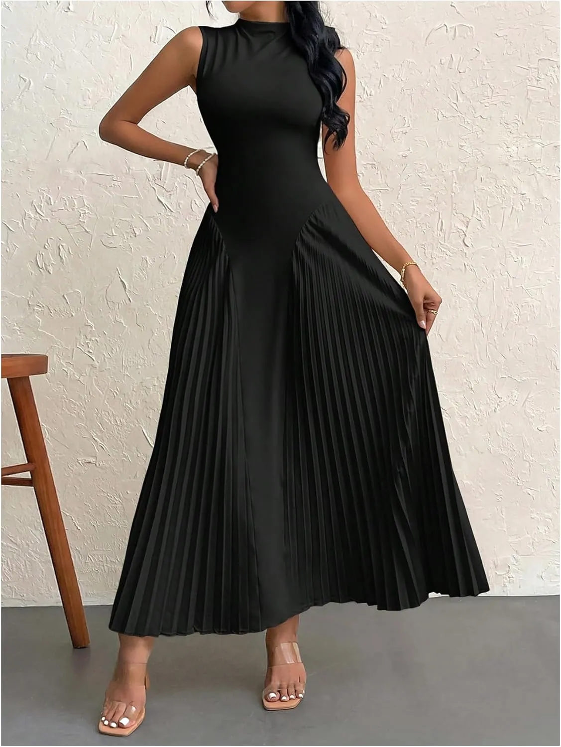 SOLY HUX Women's Maxi Dress Sleeveless Pleated A Line Mock Neck Flowy Long Dresses