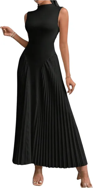SOLY HUX Women's Maxi Dress Sleeveless Pleated A Line Mock Neck Flowy Long Dresses