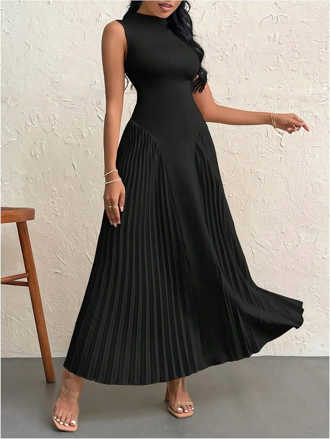 SOLY HUX Women's Maxi Dress Sleeveless Pleated A Line Mock Neck Flowy Long Dresses