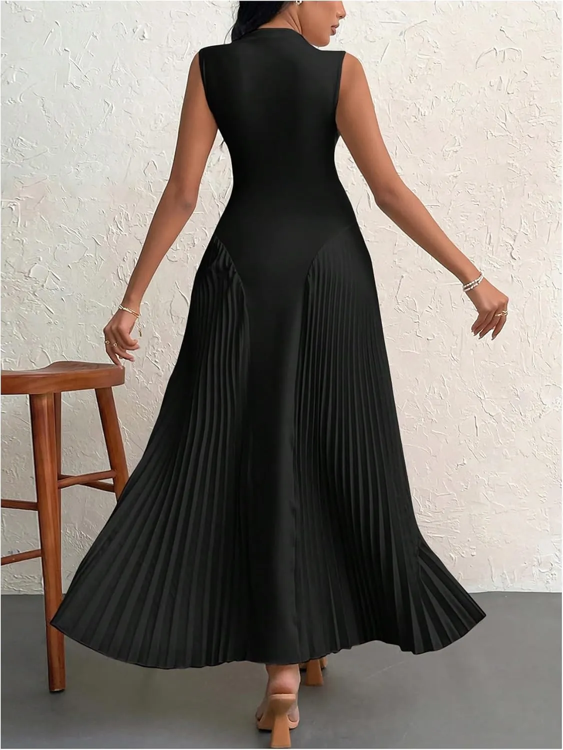 SOLY HUX Women's Maxi Dress Sleeveless Pleated A Line Mock Neck Flowy Long Dresses