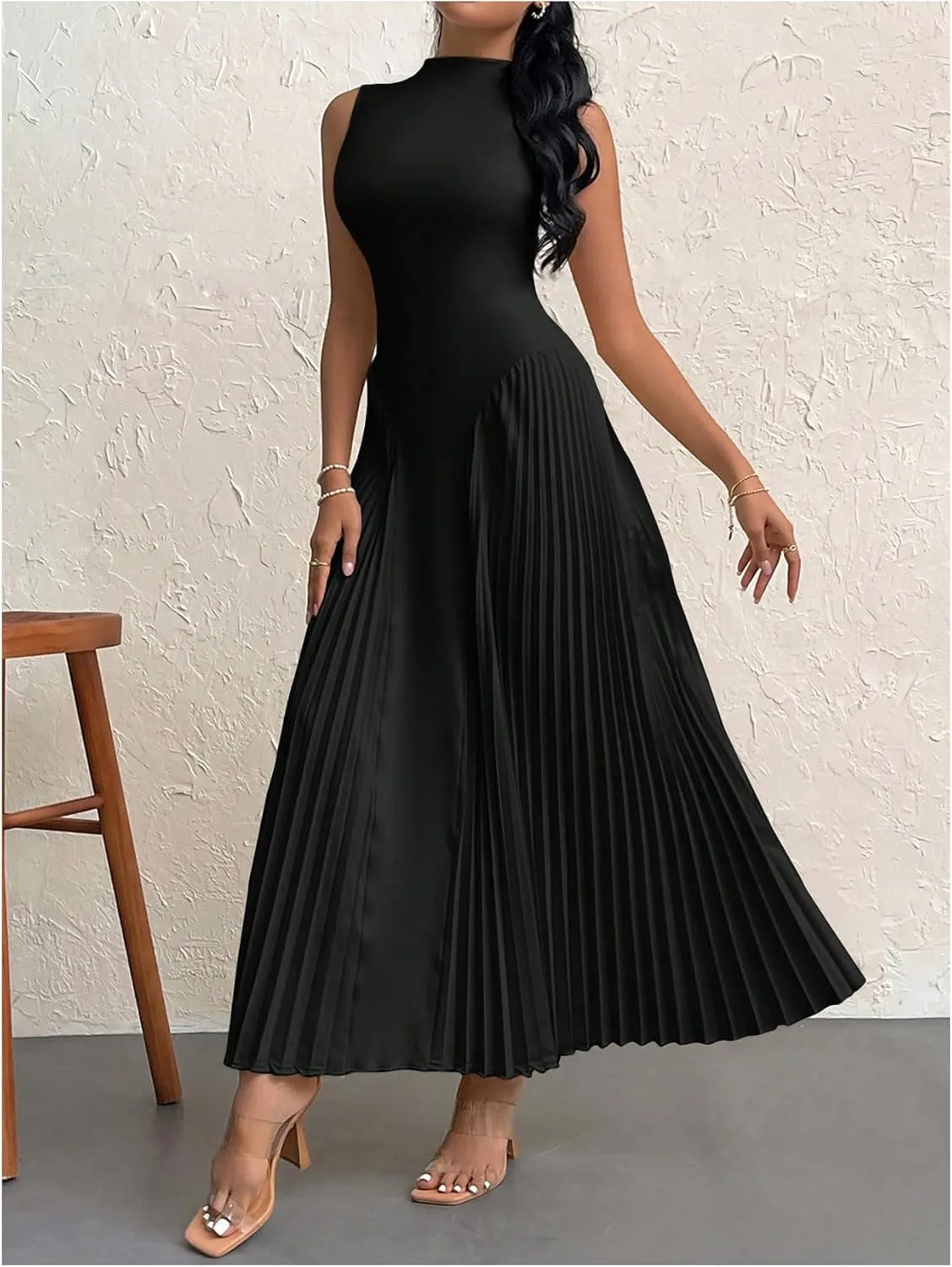 SOLY HUX Women's Maxi Dress Sleeveless Pleated A Line Mock Neck Flowy Long Dresses