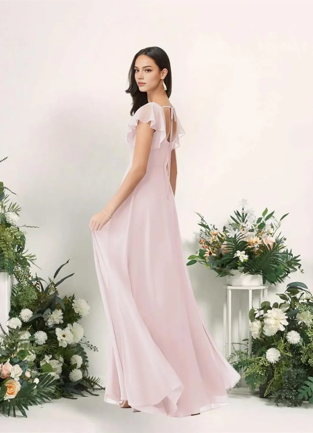 Spring Floral Bridesmaid Dresses for Women with Slit Flutter Sleeve Formal Dress Square Neck Wedding Guest Dresses
