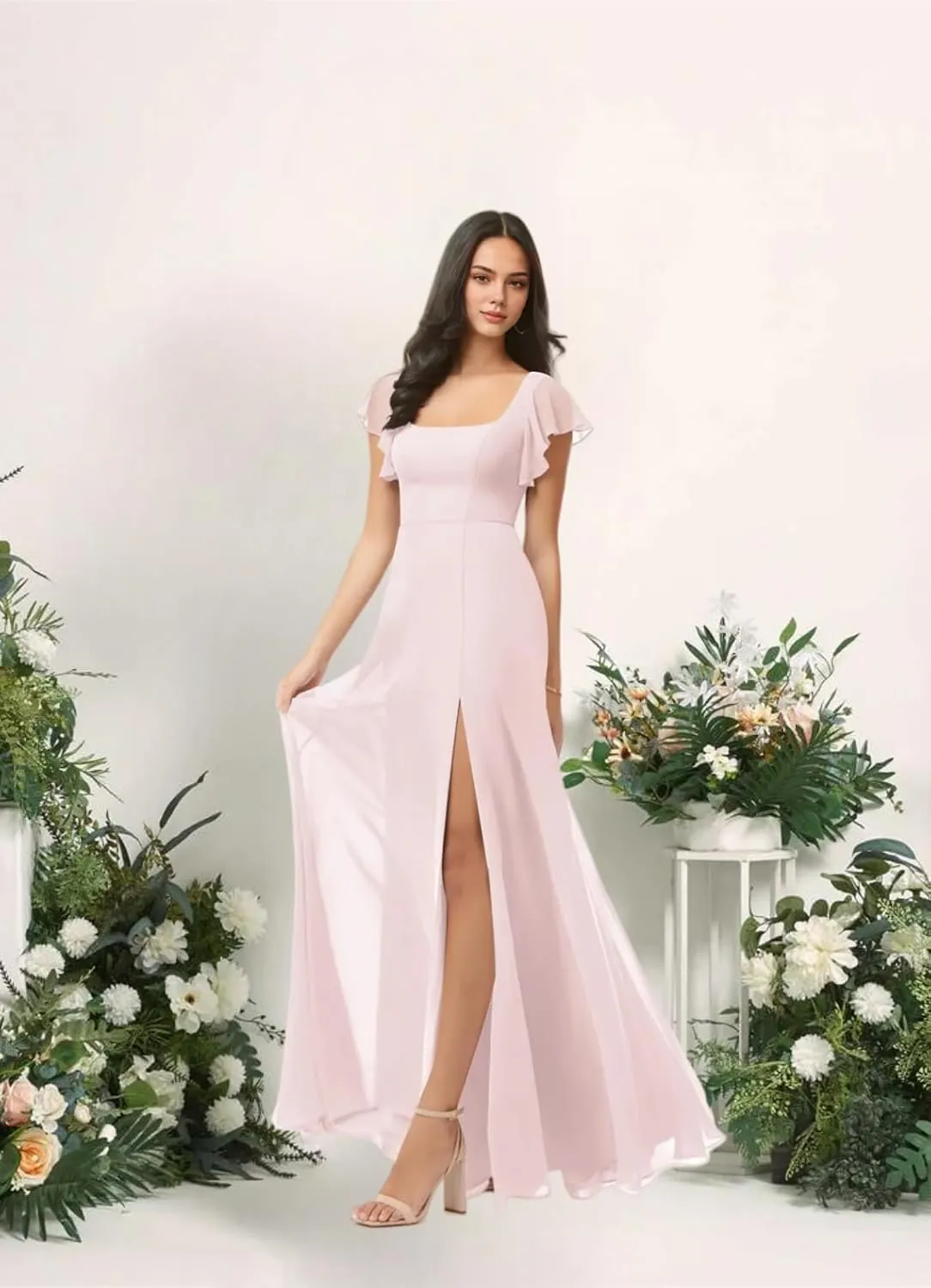Spring Floral Bridesmaid Dresses for Women with Slit Flutter Sleeve Formal Dress Square Neck Wedding Guest Dresses